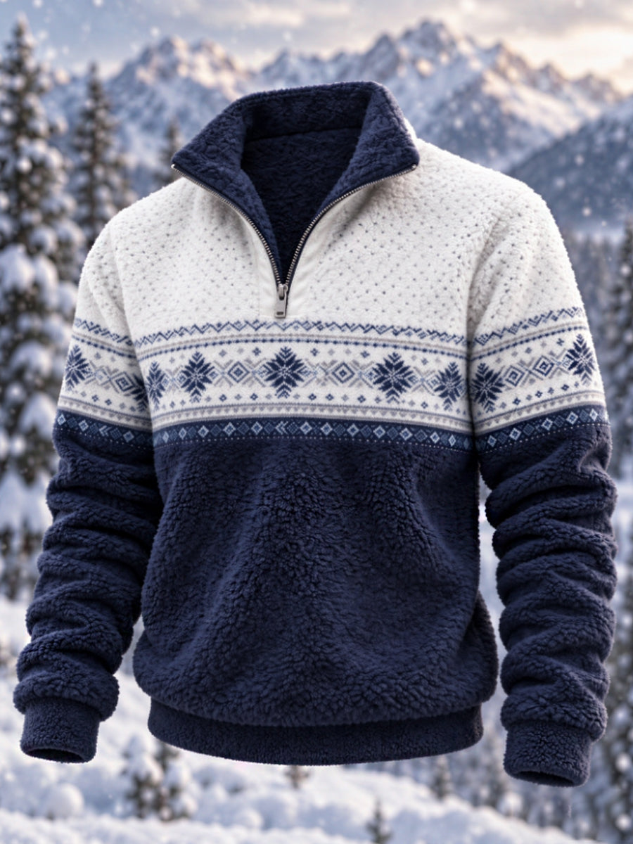 Herre-sweatshirt i nordisk Fair Isle-stil med geometrisk snefnugmønster, flannel
