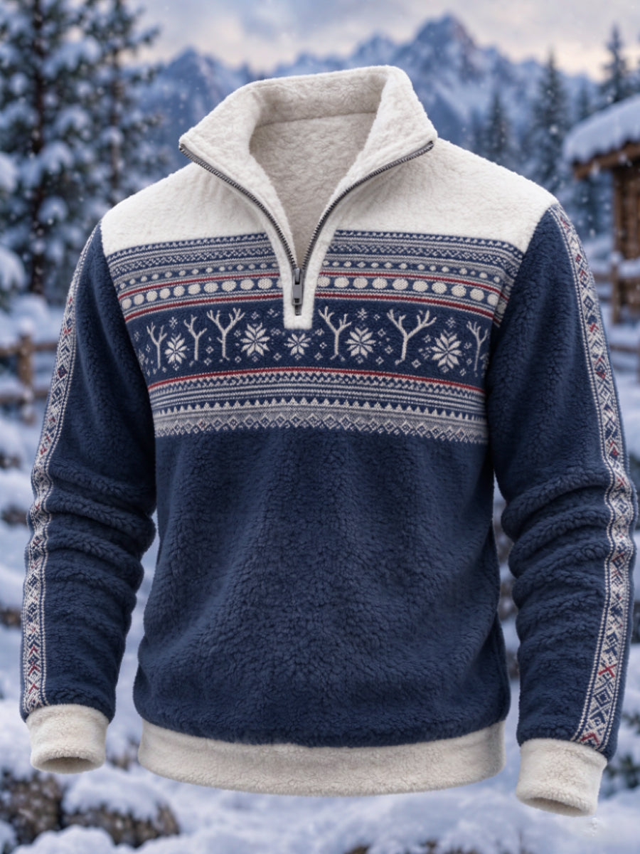 Herre-sweatshirt i nordisk Fair Isle-stil med geometrisk snefnugmønster, flannel