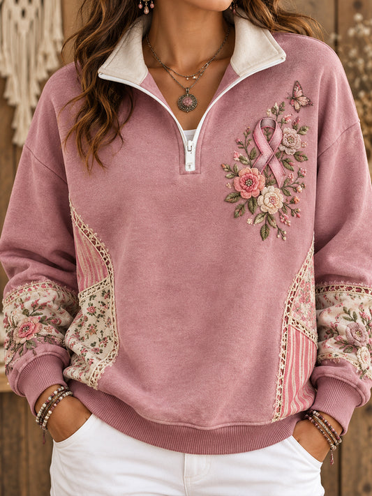 Kvinders boheme-stil sweatshirt med blomstermønster til støtte for brystkræftsbevidsthed
