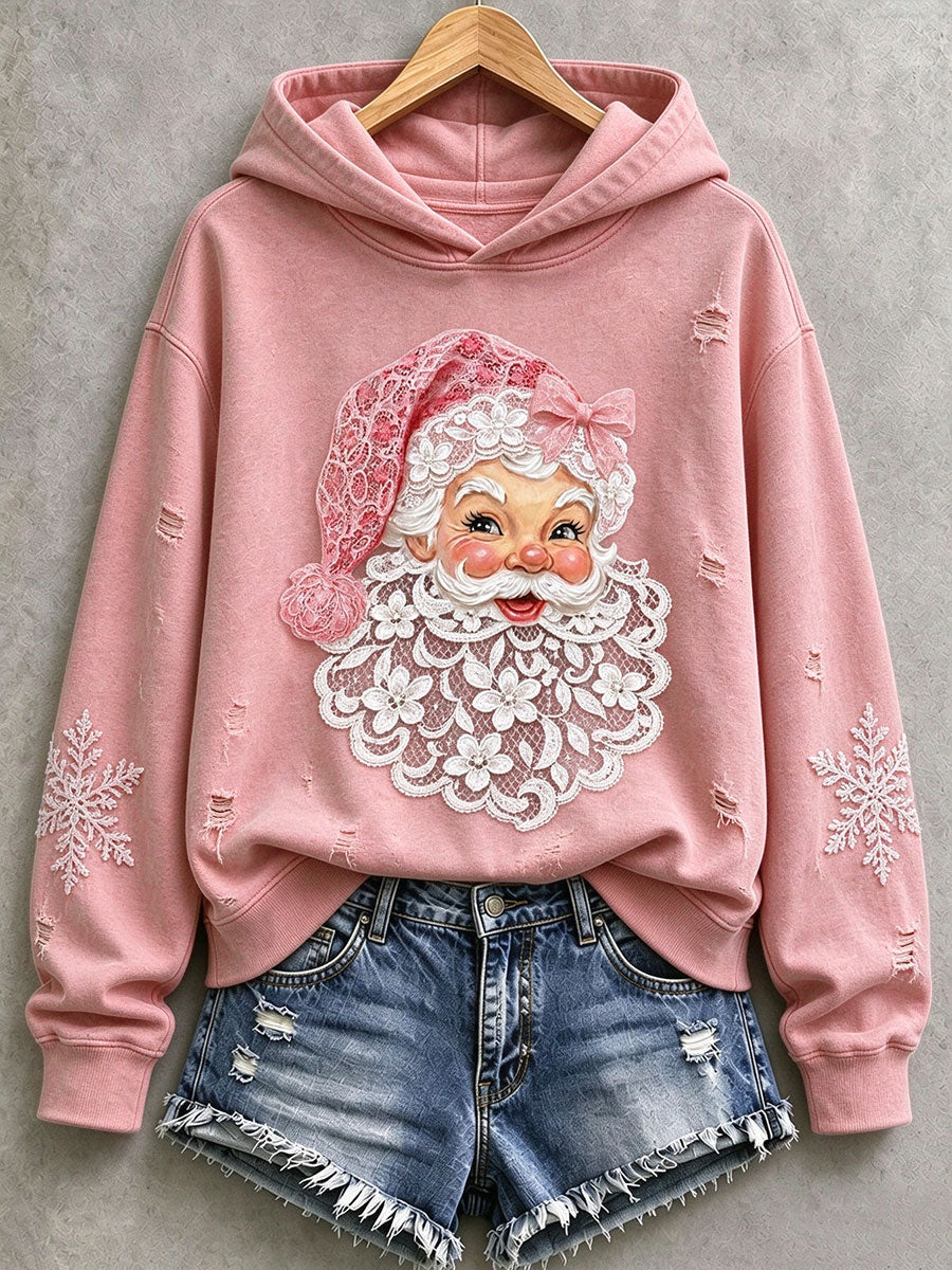 Damehoodie i lyserød med julemandsmotiv