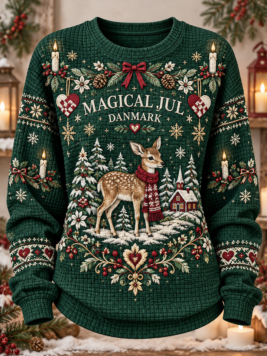 Kvinders jule-tema print vaffel-strek langærme sweatshirt