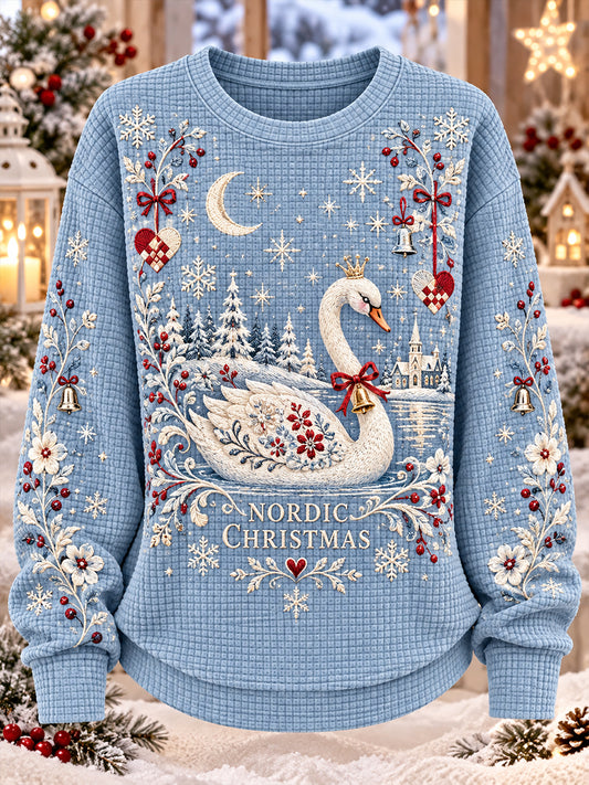 Dame-juletrøje med print, lavet af vaffelstrikket stof og med lange ærmer