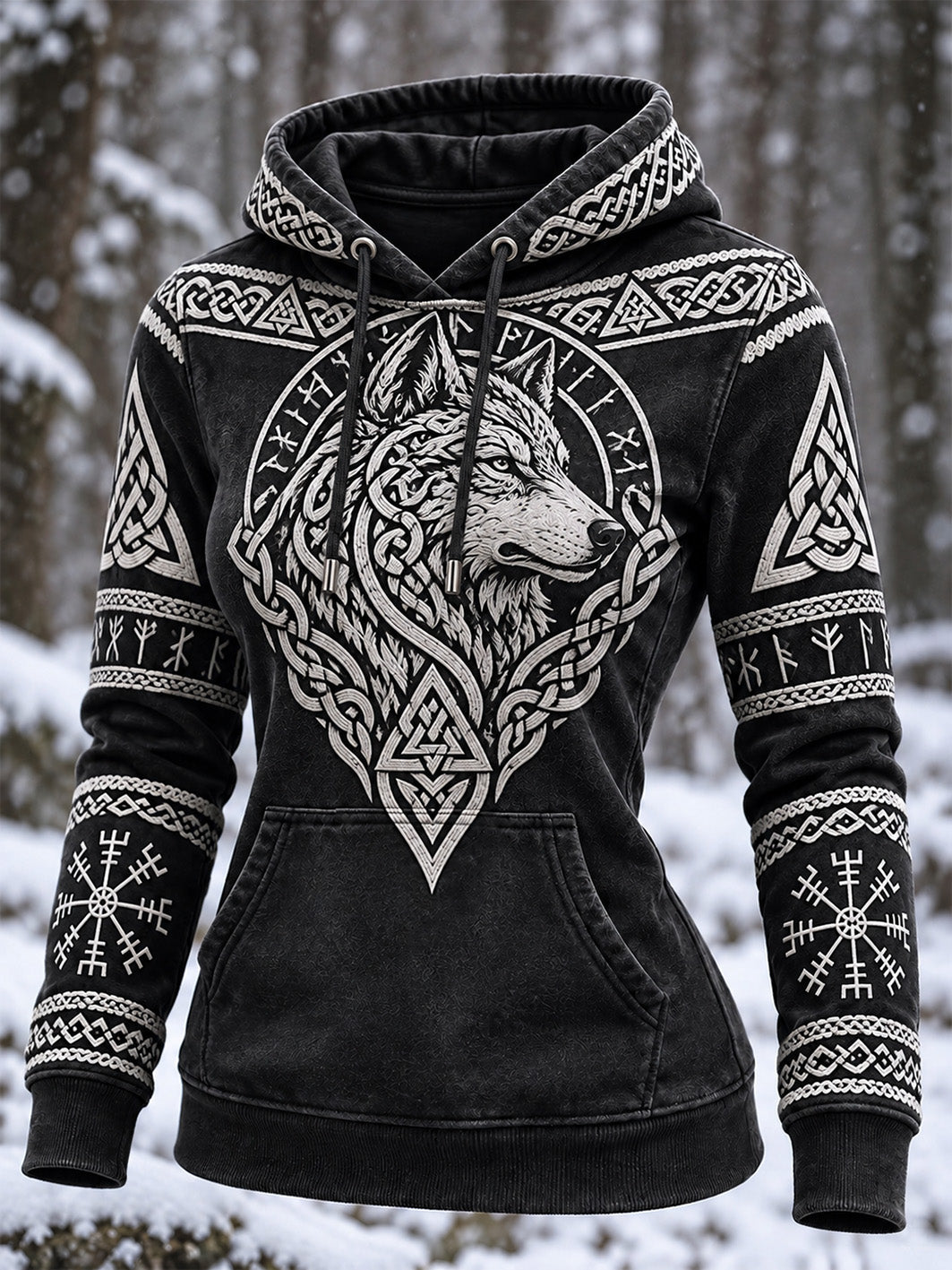 Kvinders Retro Viking Wolf hoved mønster Casual Hoodie Mønr