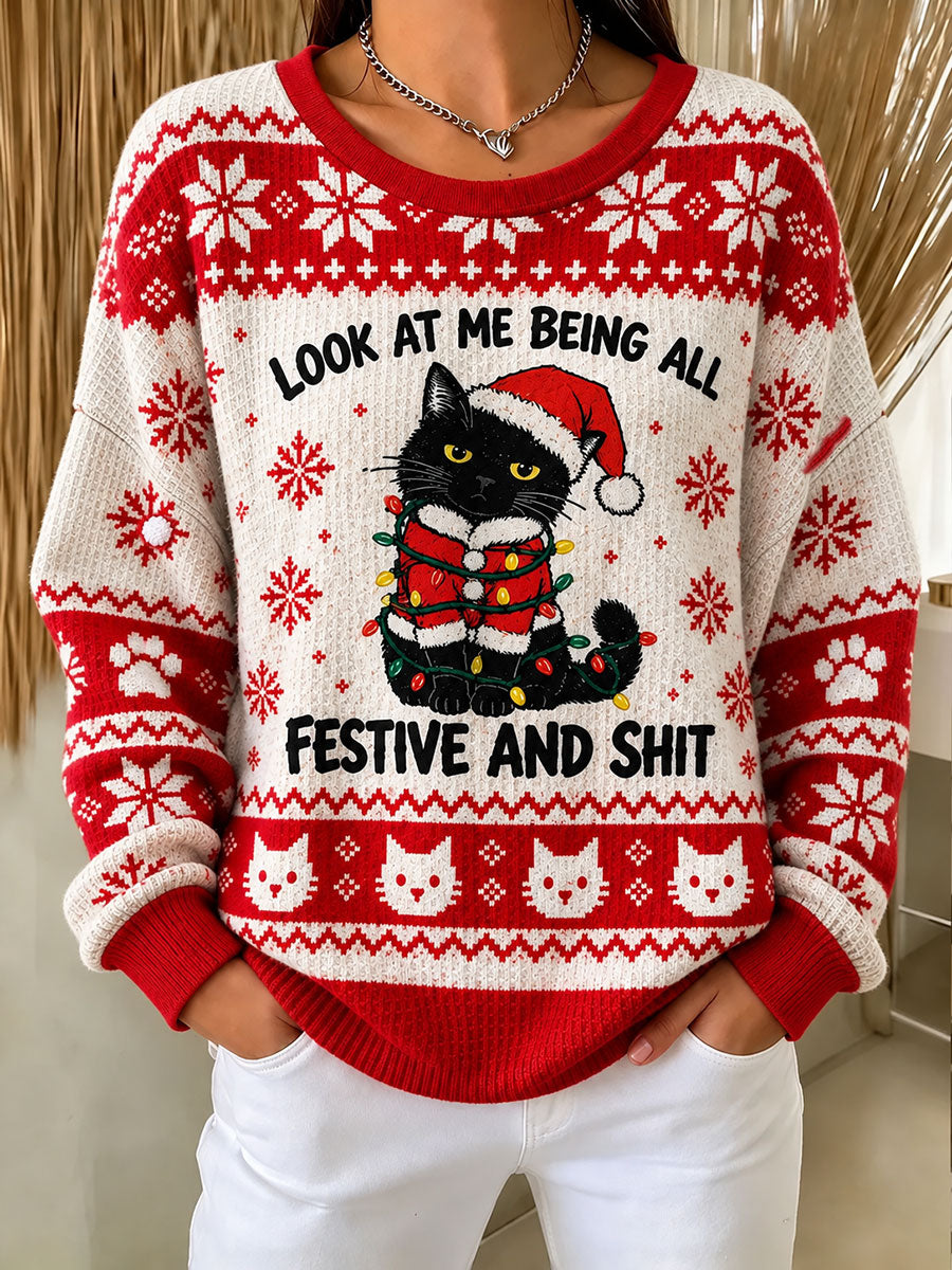 Kvinde-julehoodie med sjovt katteprint
