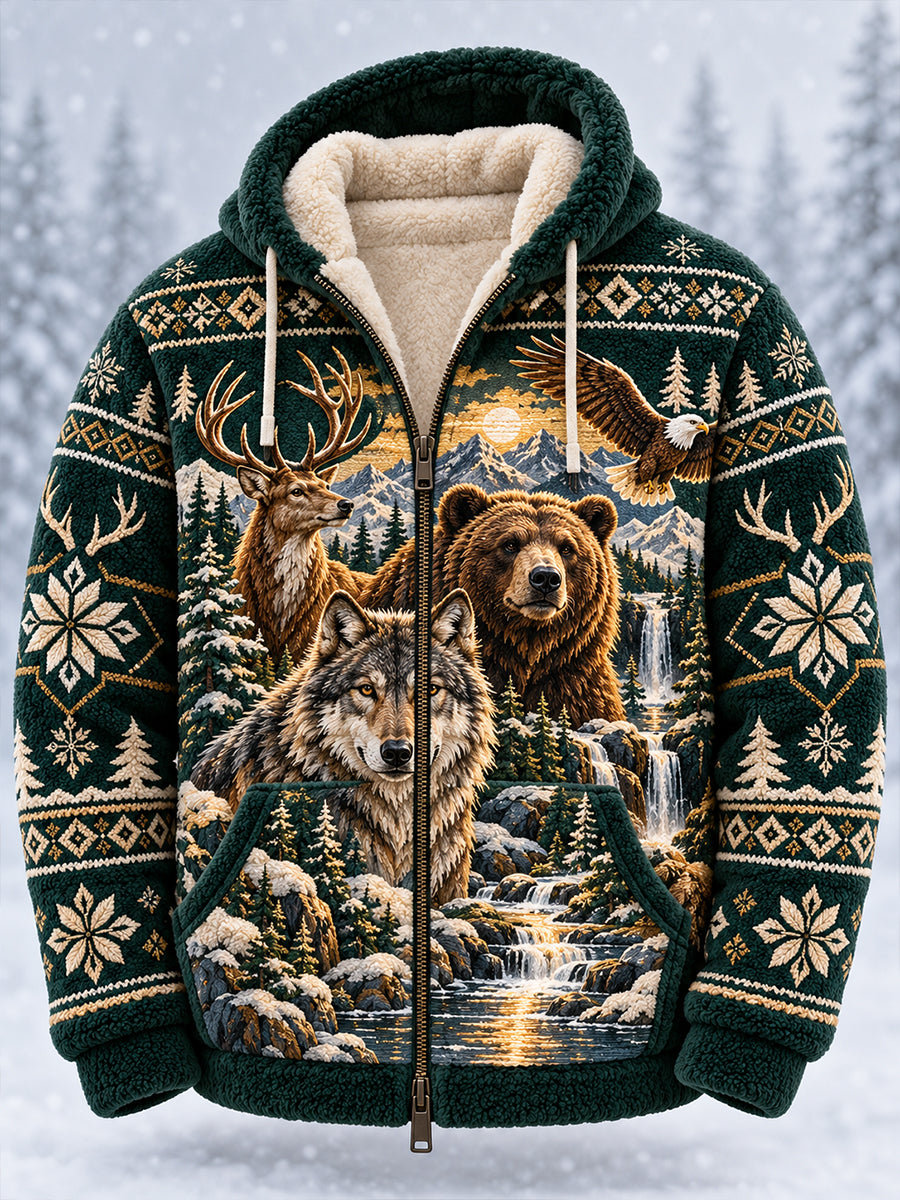 Herre-jakke i nordisk stil for høst/vinter, med flanell og dyremotiv, med hette