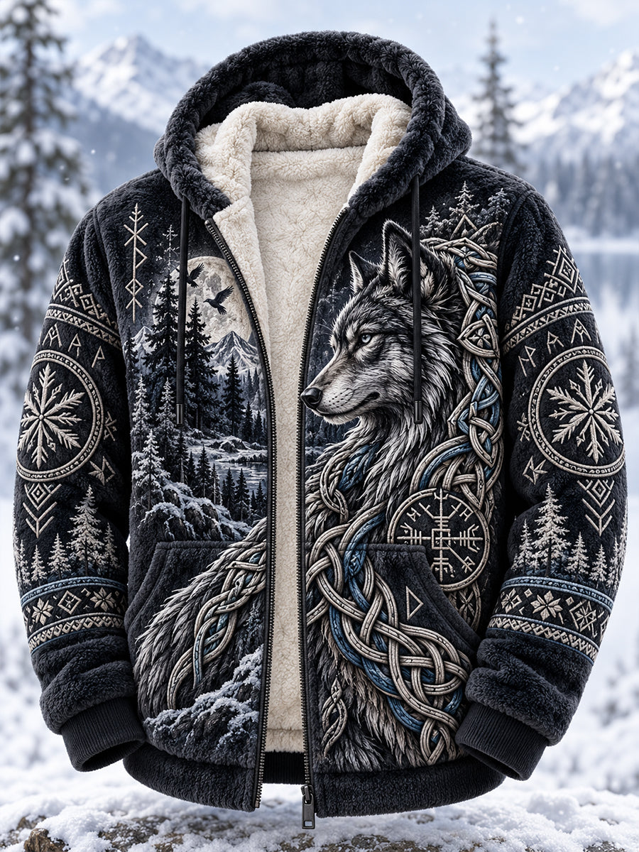 Herre-jakke i nordisk stil for høst/vinter, med flanell og dyremotiv, med hette