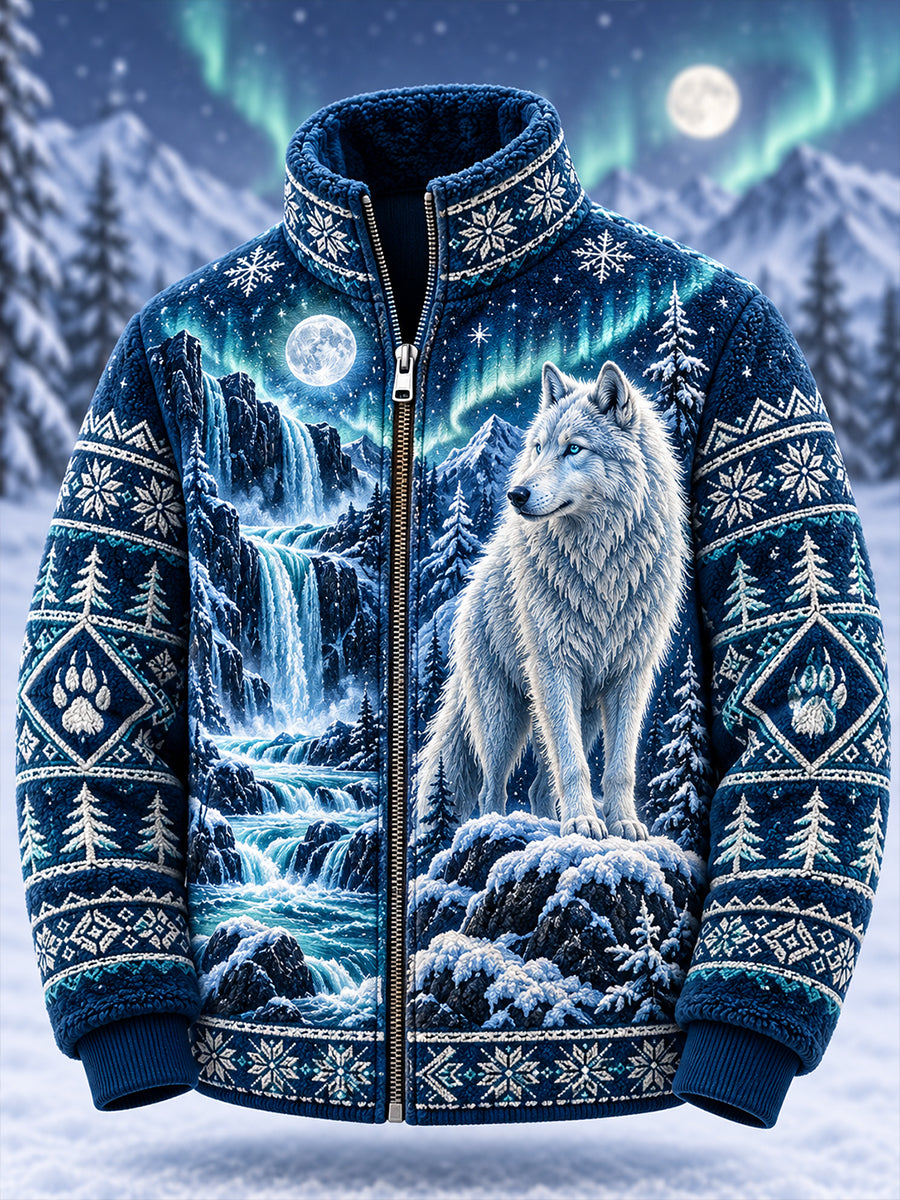 Mænds Nordic Forest Animal Print Fleece-Lined Stand-Collar Zip-Up jakken