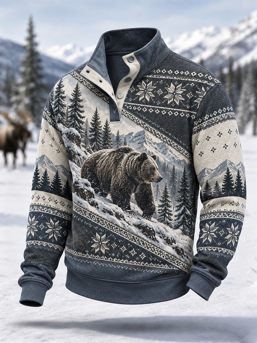Mænds Vinter Snebjørn Print Casual knapper Pullover