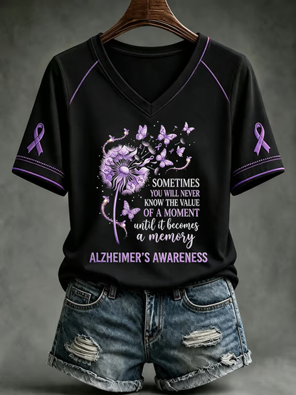 Kvinders Alzheimers bevidsthed Purple Art Print V-hals off-skulder kortærmet T-shirt