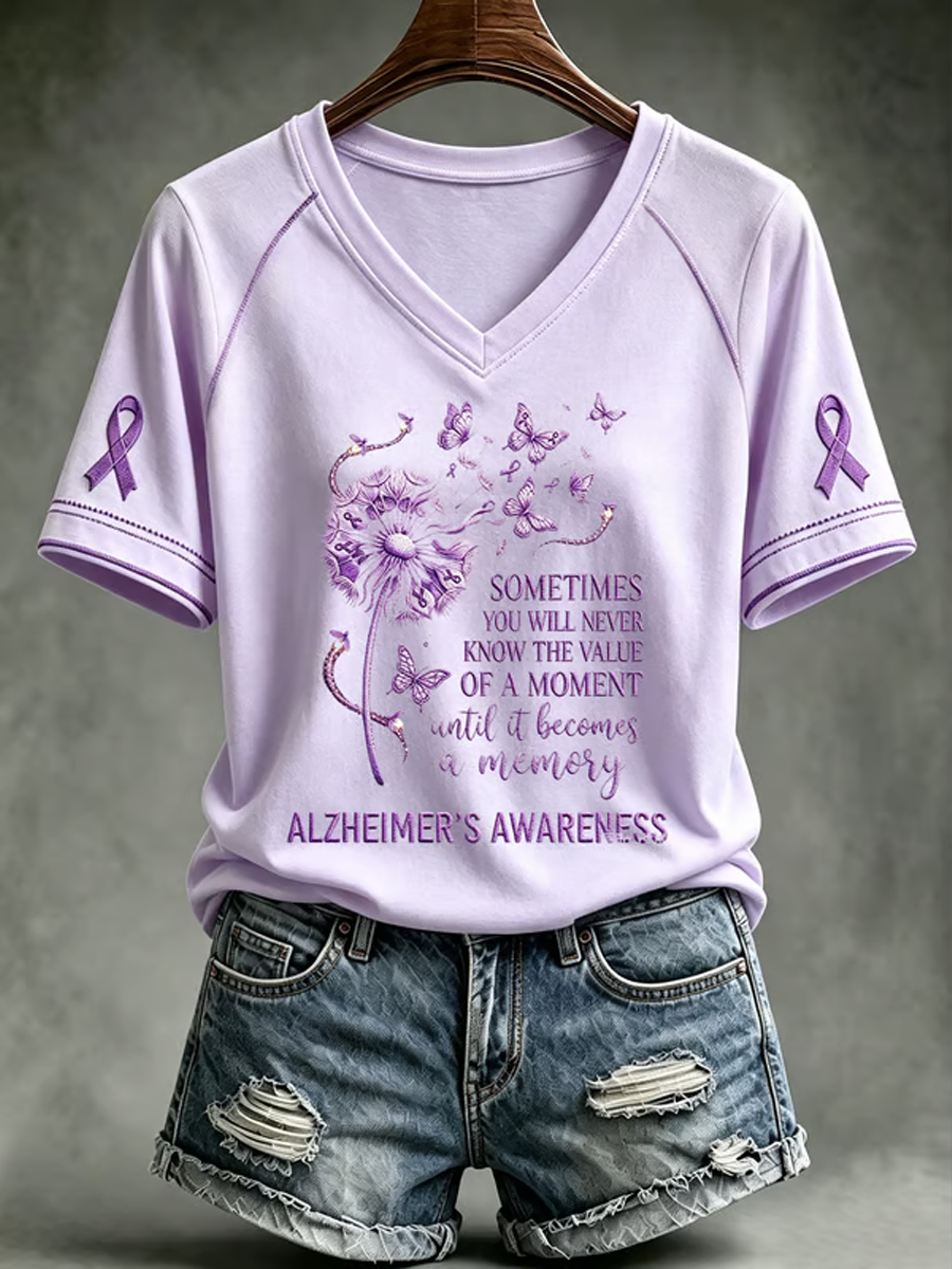 Kvinders Alzheimers bevidsthed Purple Art Print V-hals off-skulder kortærmet T-shirt