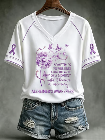 Kvinders Alzheimers bevidsthed Purple Art Print V-hals off-skulder kortærmet T-shirt