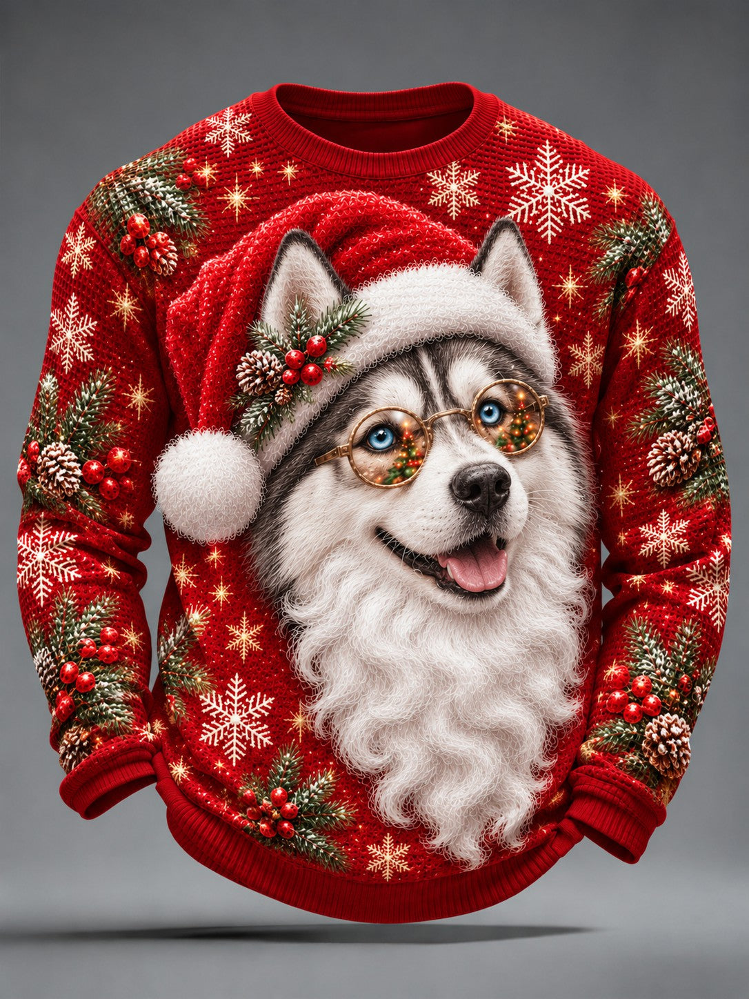 Mænds jul hund Printed Waffle Langærme T-shirt
