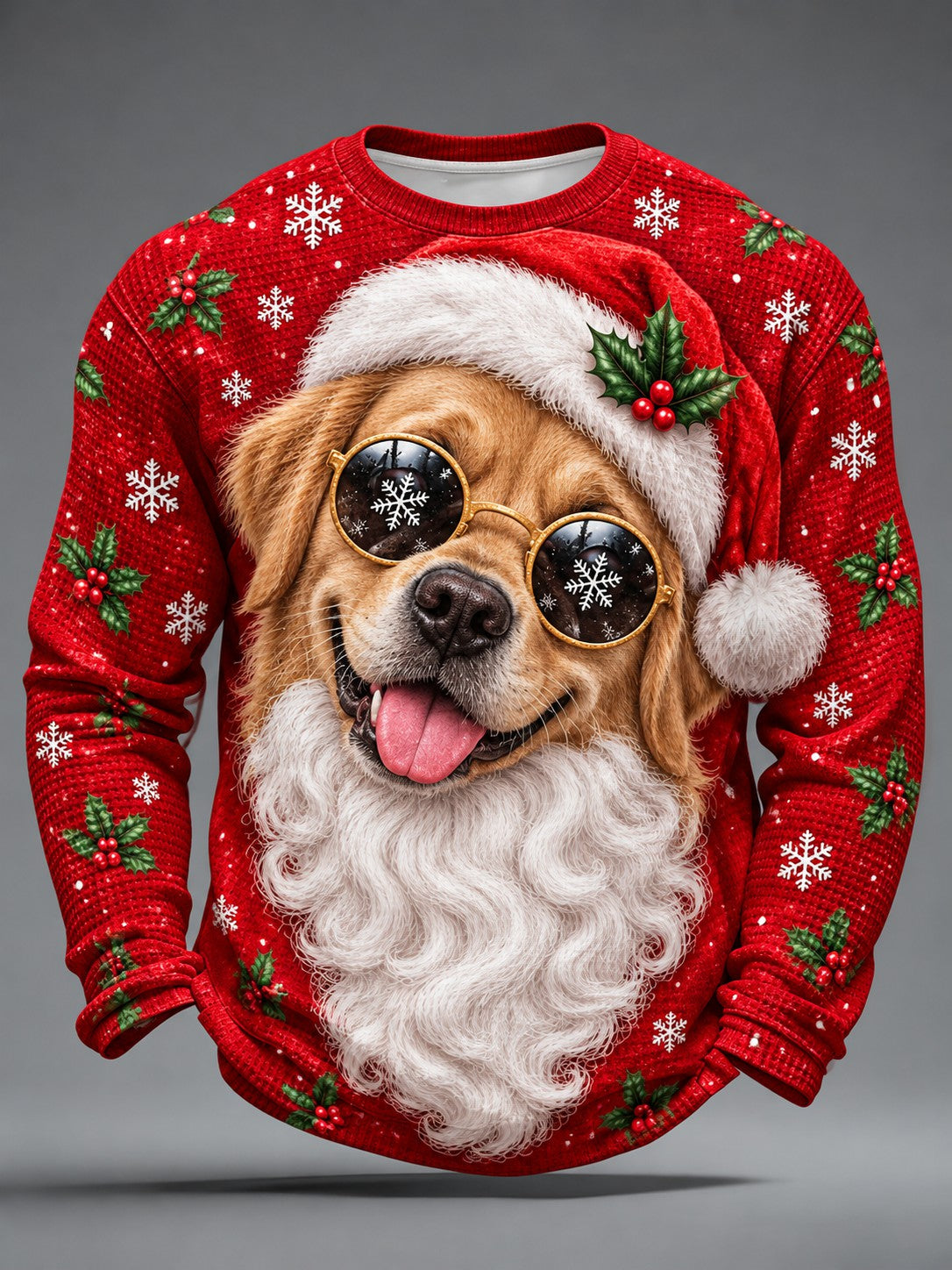 Mænds julehund-printet vaffelstof langærmet t-shirt