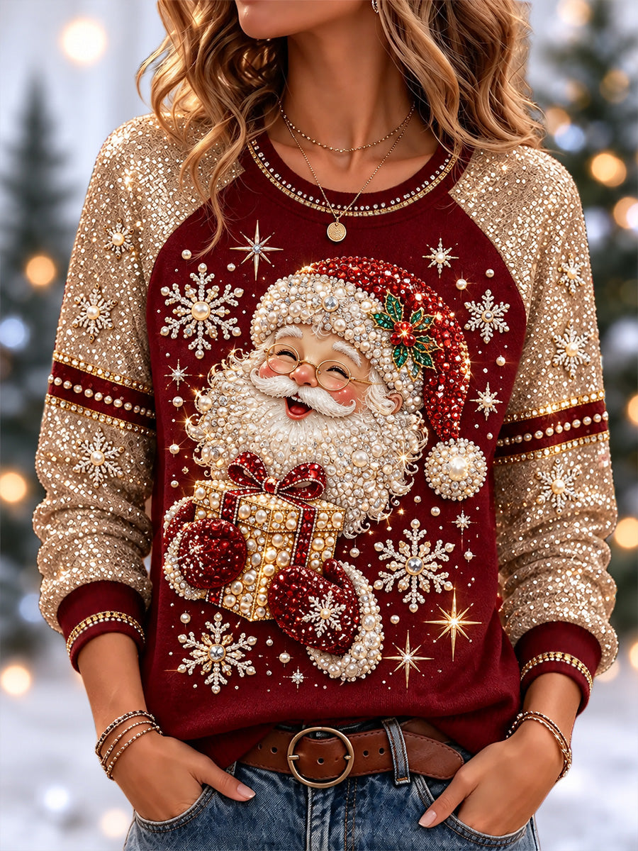 Kvinders juletrøje med julemandsprint, afslappet sweatshirt