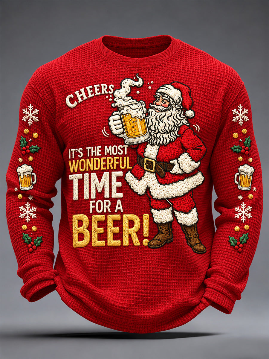Mænds jul julen Claus drikke øl Print Casual vaffel lang ærme T-shirt