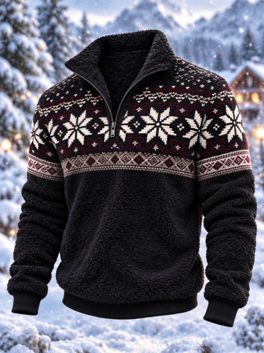 Herre-sweatshirt i nordisk Fair Isle-stil med geometrisk snefnugmønster, flannel