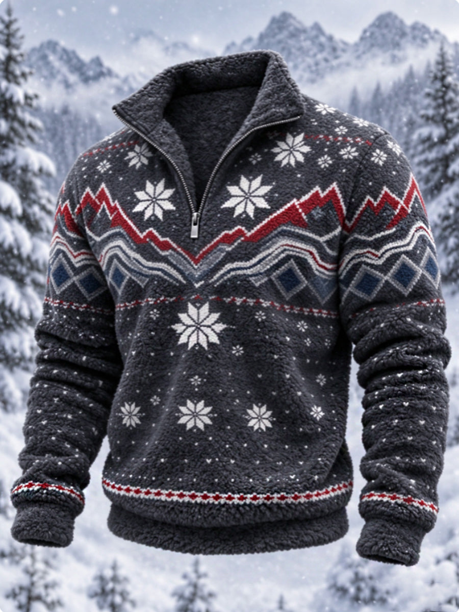 Herre-sweatshirt i nordisk Fair Isle-stil med geometrisk snefnugmønster, flannel