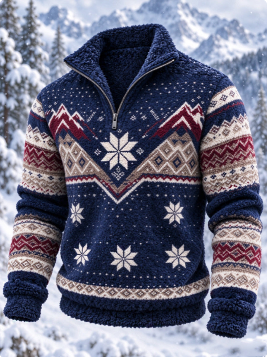 Herre-sweatshirt i nordisk Fair Isle-stil med geometrisk snefnugmønster, flannel
