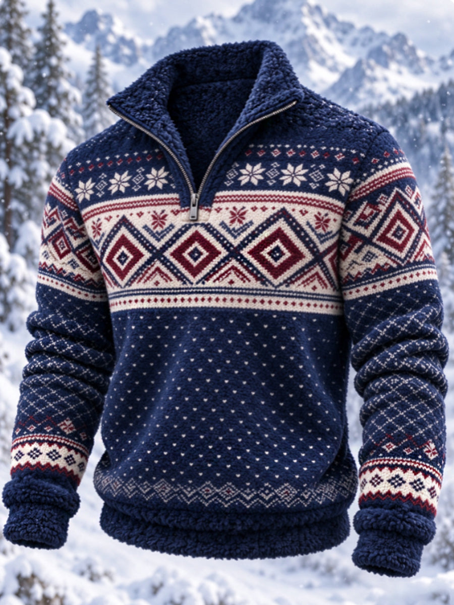 Herre-sweatshirt i nordisk Fair Isle-stil med geometrisk snefnugmønster, flannel