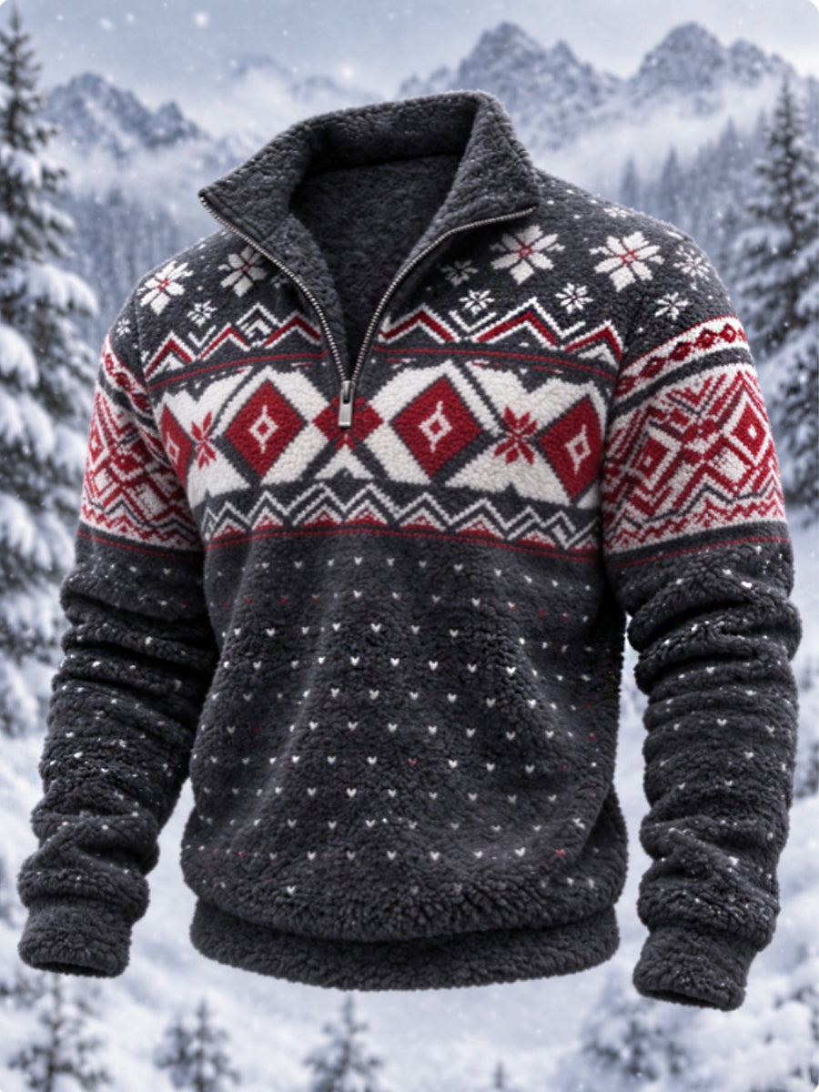 Herre-sweatshirt i nordisk Fair Isle-stil med geometrisk snefnugmønster, flannel