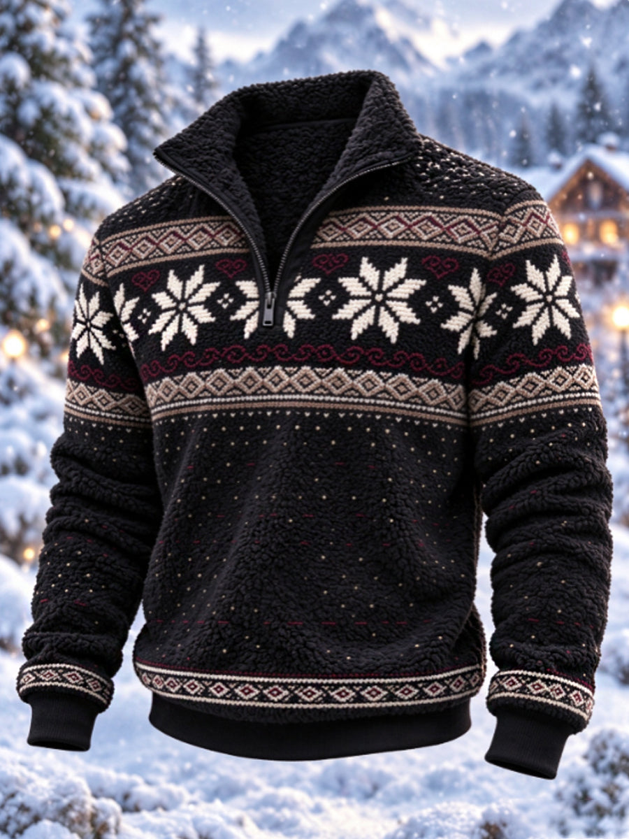 Herre-sweatshirt i nordisk Fair Isle-stil med geometrisk snefnugmønster, flannel