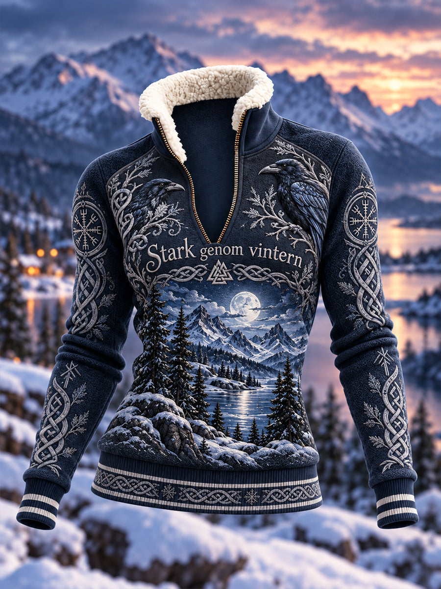 Retro Viking “Styrke i mørke” Casual Zip-Up Sweatshirt