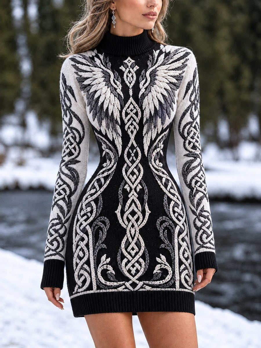 Kvinders elegante vikingevinger keltisk knude kontrastprint mock-hals sweaterkjole