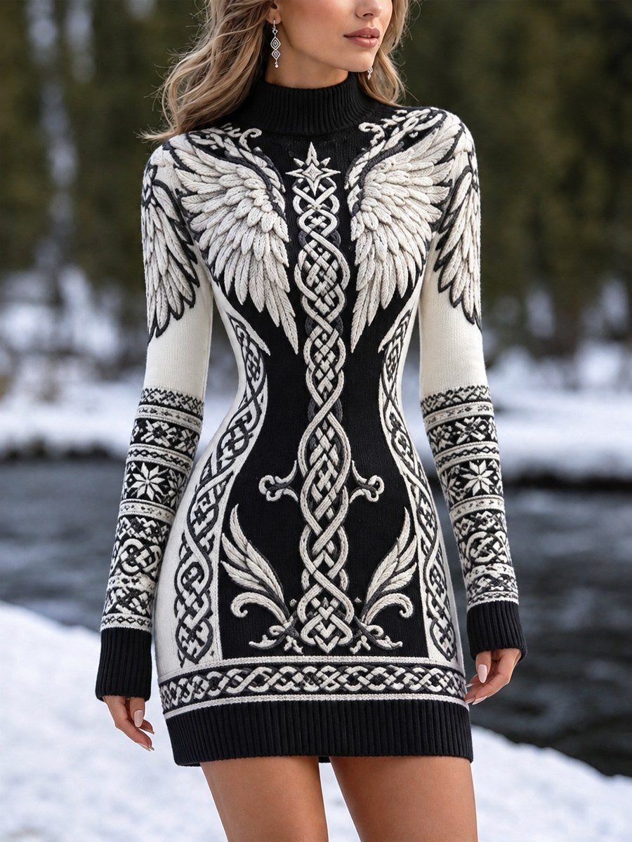 Kvinders klassiske Viking Wings Celtic Knot Conrast Print Mock hals Sweater Kjole