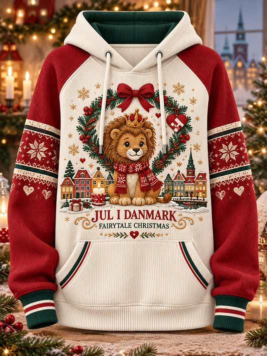 Damehoodie med grafisk juleprint og raglanærmer
