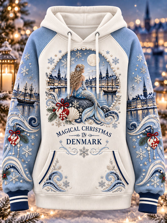 Damehoodie med grafisk juleprint og raglanærmer