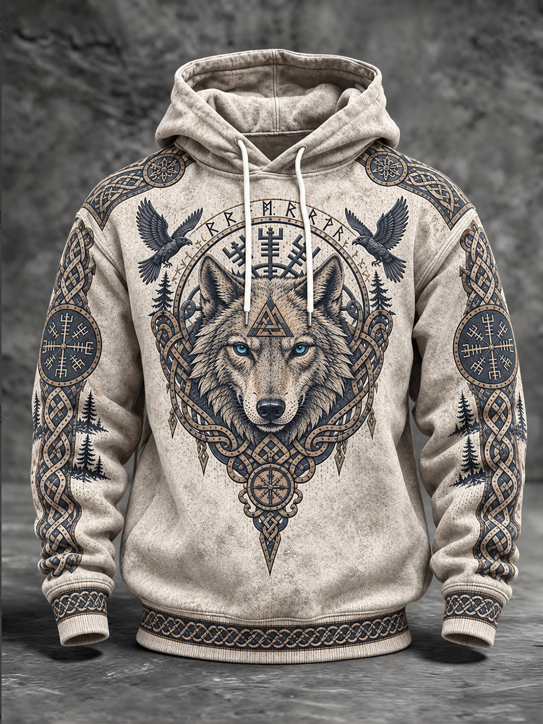 Mænds Retro Viking-stil Wolf Head mønster Print Casual Hoodie Print