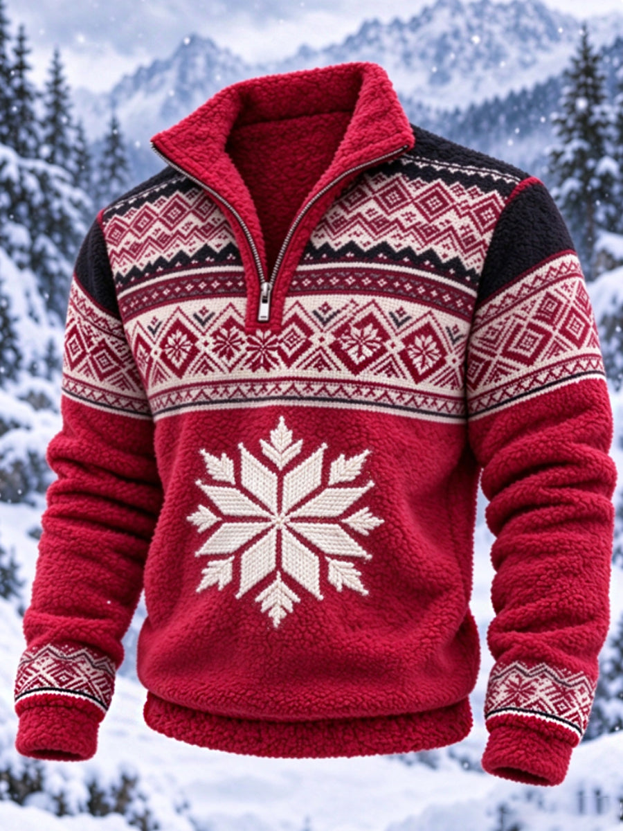 Herre-sweatshirt i nordisk Fair Isle-stil med geometrisk snefnugmønster, flannel