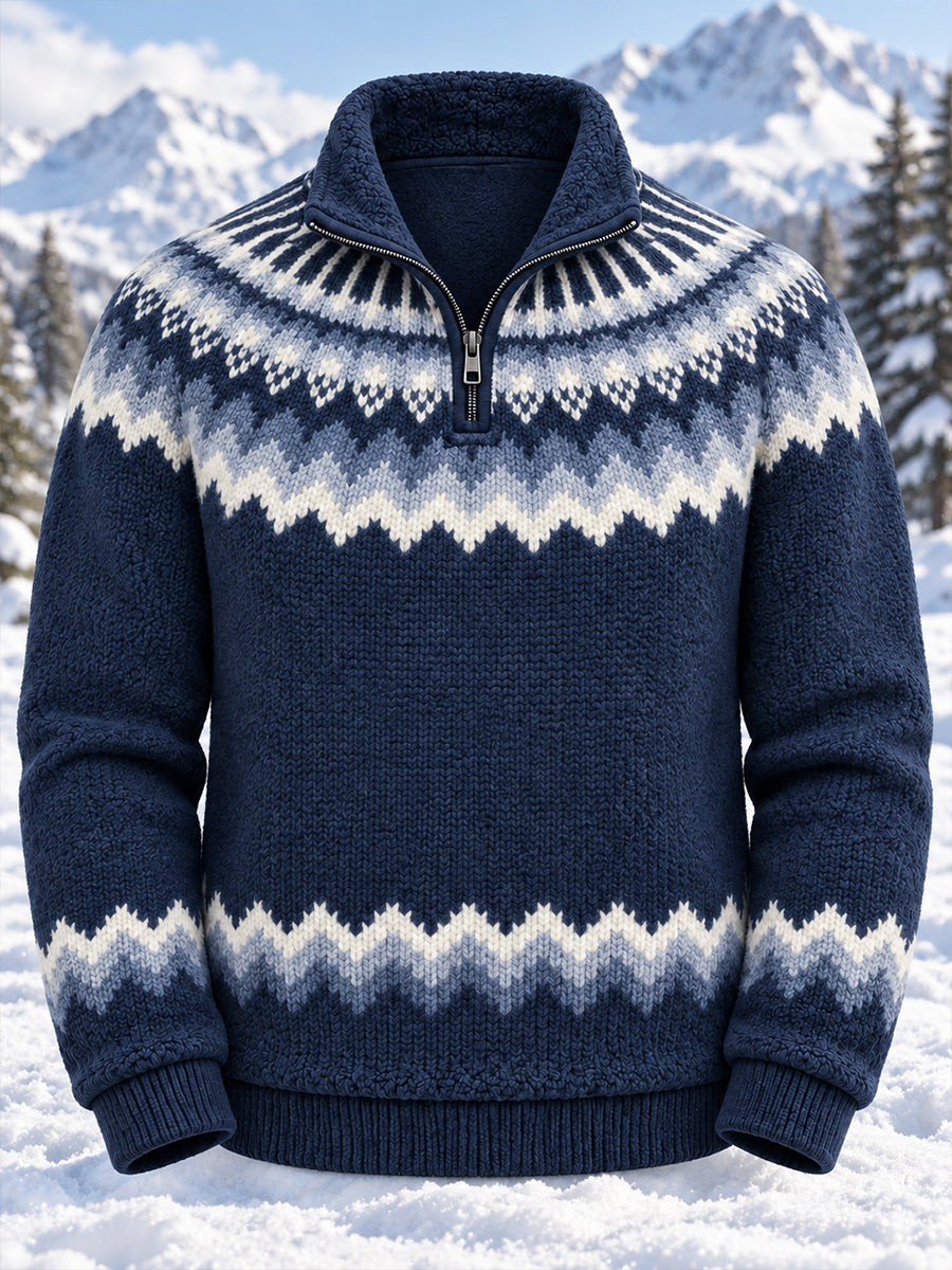 Kædemønstret turtleneck-sweater med lynlås i etnisk stil til mænd