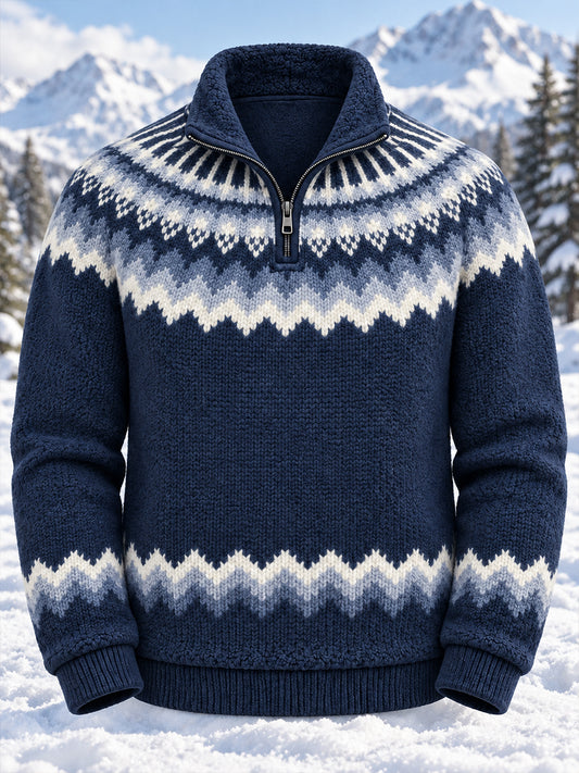 Kædemønstret turtleneck-sweater med lynlås i etnisk stil til mænd
