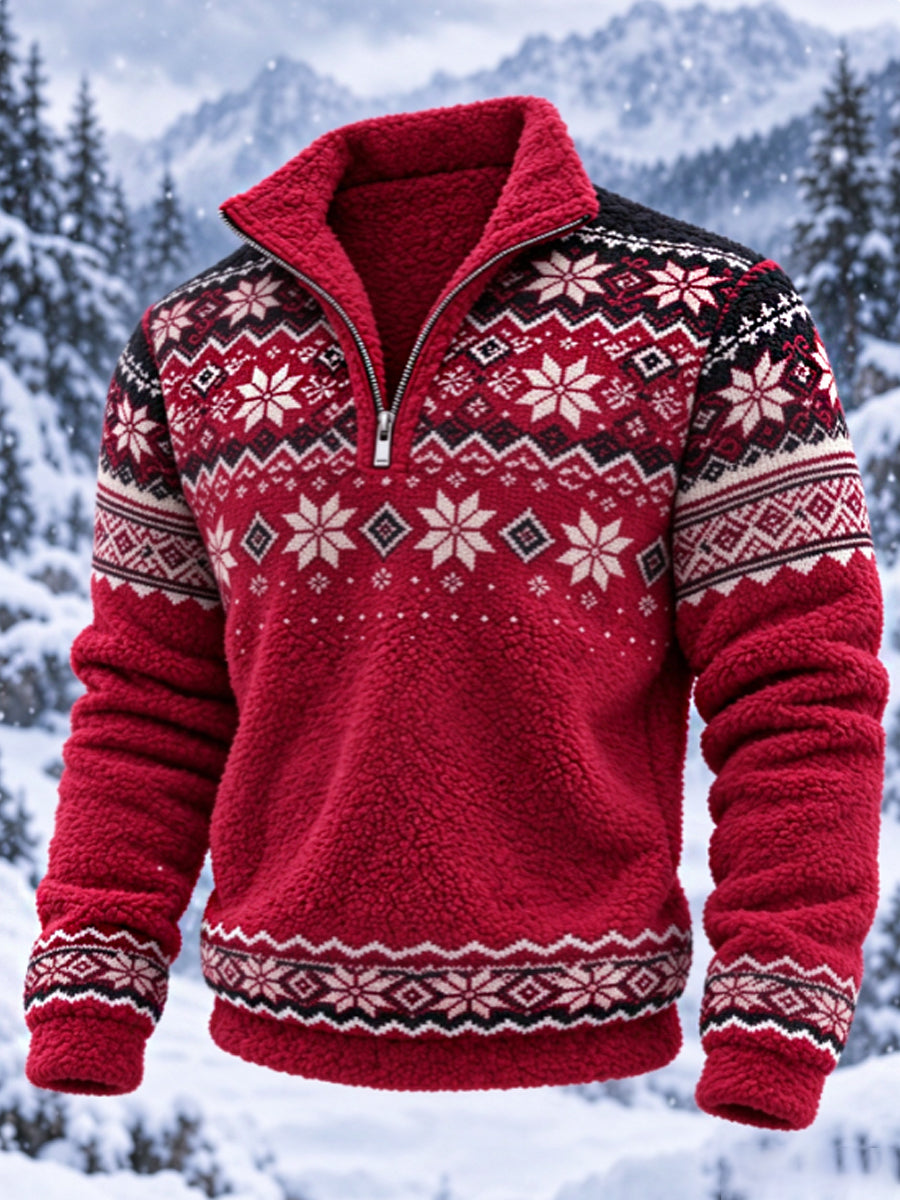 Herre-sweatshirt i nordisk Fair Isle-stil med geometrisk snefnugmønster, flannel