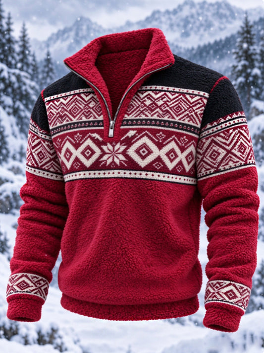 Herre-sweatshirt i nordisk Fair Isle-stil med geometrisk snefnugmønster, flannel