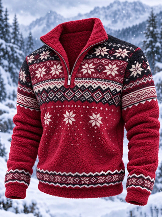 Herre-sweatshirt i nordisk Fair Isle-stil med geometrisk snefnugmønster, flannel