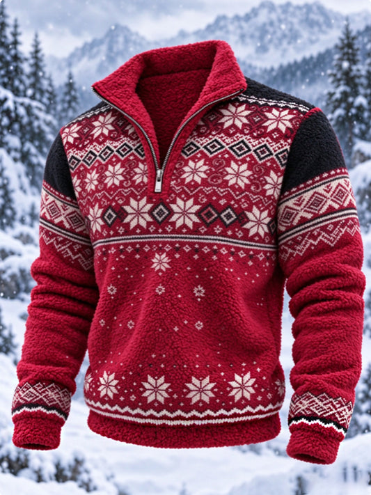 Herre-sweatshirt i nordisk Fair Isle-stil med geometrisk snefnugmønster, flannel