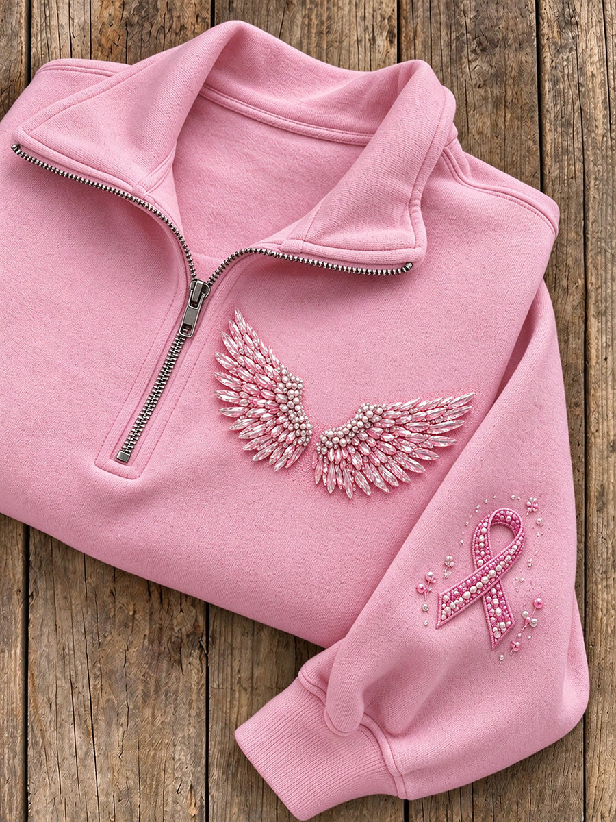 Kvinders Glitter Wings & Pink Ribbon Mønster Casual Half-Zip Sweatshirt