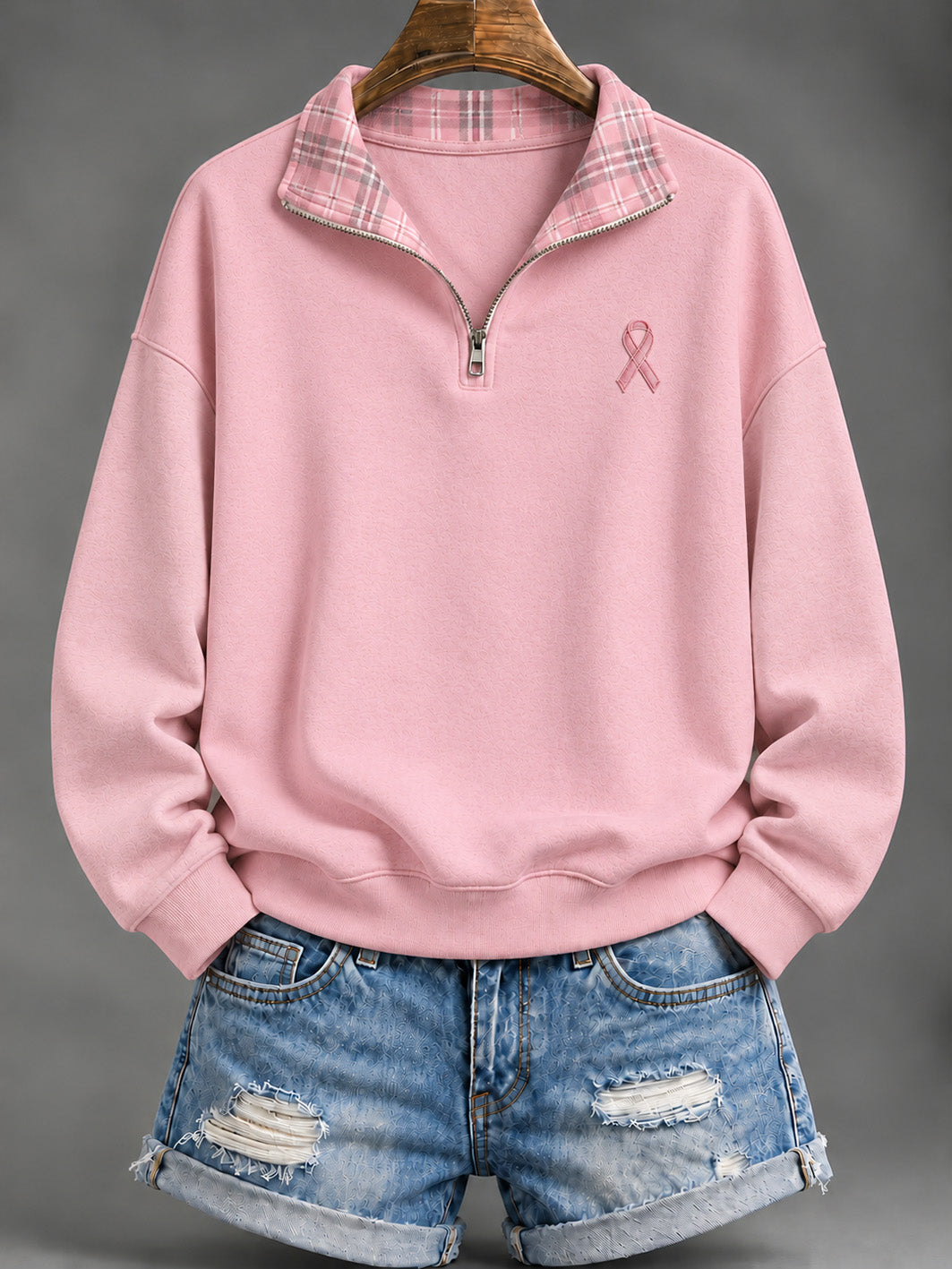 Kvinders Pink Checkered og pink Charity Ribbon Mønster Casual Half-Zip sweatshirt