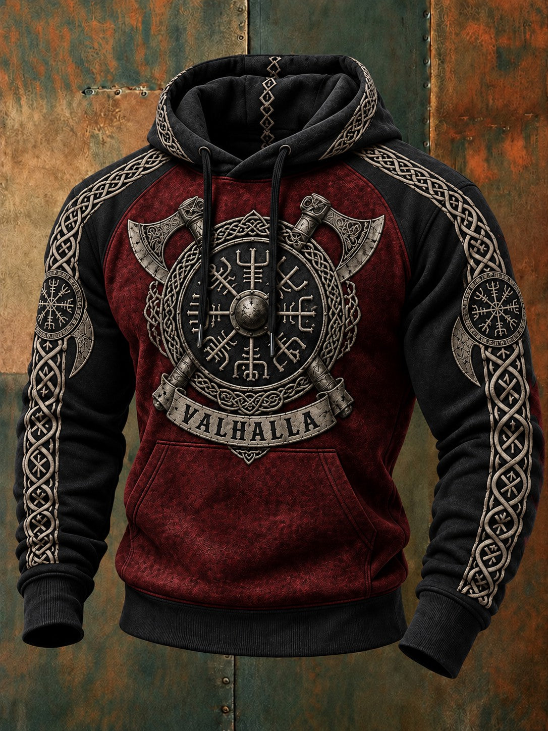 Herre-hættetrøje med vikingestil og Valhalla-print