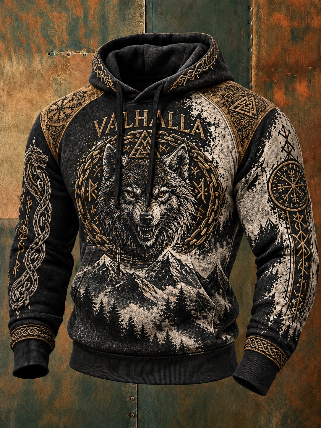 Herre-hættetrøje med vikingestil og Valhalla-print
