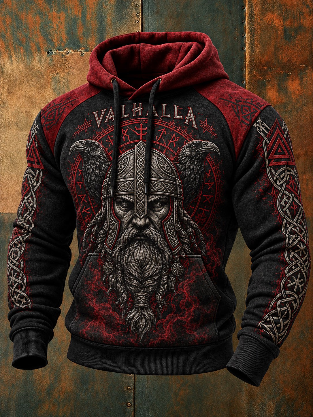 Herre-hættetrøje med vikingestil og Valhalla-print