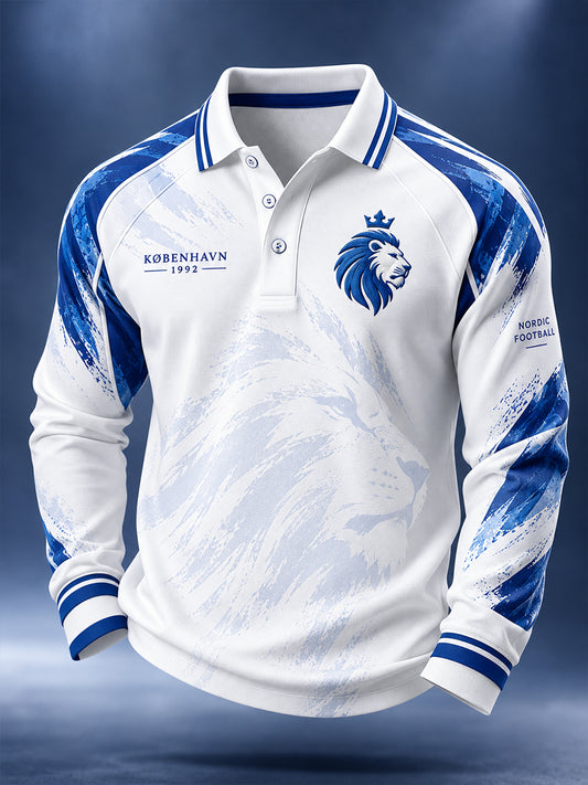 Herrepoloshirt med lange raglanærmer og fodboldinspirerede prints