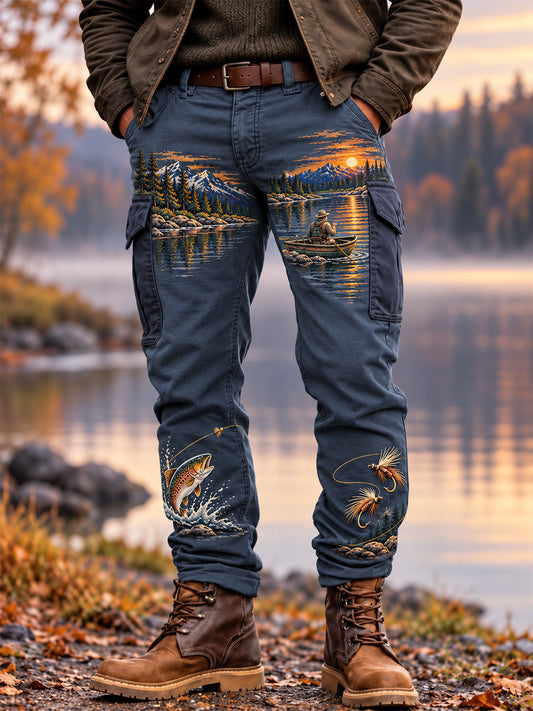 Mænds Vintage Wilderness Fiskeri Print Casual Work Bukser