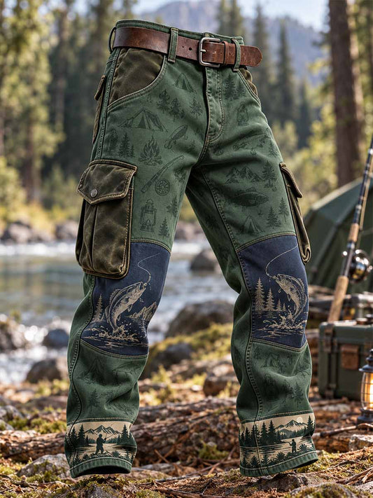 Mænds Retro Classic Fishing Mønster Trykt arbejde bukser