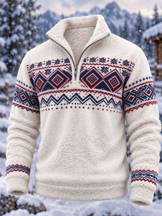 Herre-sweatshirt i nordisk Fair Isle-stil med geometrisk snefnugmønster, flannel