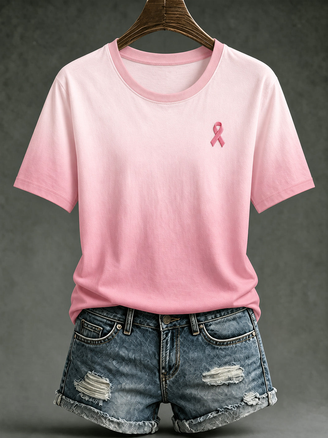 Kvinder Pink Charity Ribbon Mønster Gradient Design Casual Short-ærmet T-shirt