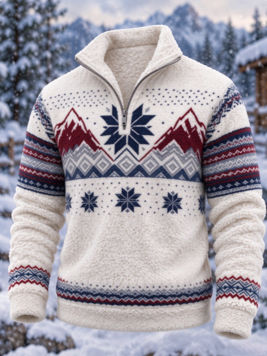 Herre-sweatshirt i nordisk Fair Isle-stil med geometrisk snefnugmønster, flannel