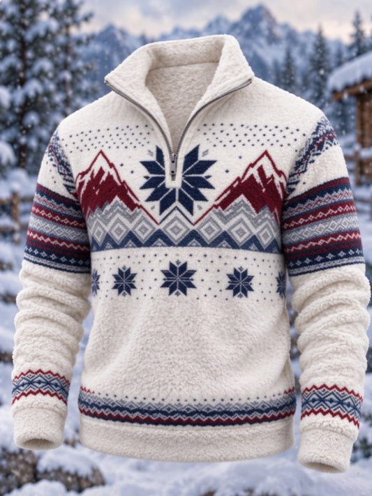 Herre-sweatshirt i nordisk Fair Isle-stil med geometrisk snefnugmønster, flannel